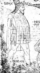An image of King Syphax, c.1435 - 1445. One of the earliest known depictions of 'leg points' (ties for the suspension of leg harness) on a doublet. Much too late for the period of concern.