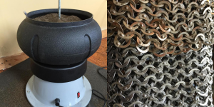 Vibratory tumbler on the left, before and after of a mail garment on the right. Photo courtesy of Historically Patterned Mail.